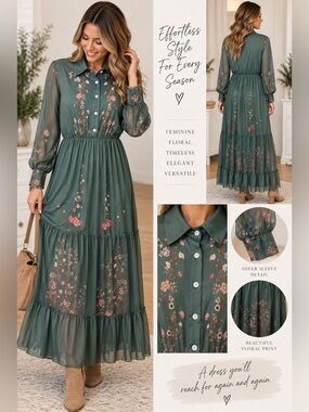 Green Floral Mesh Sleeve Tiered Maxi Dress Size Large